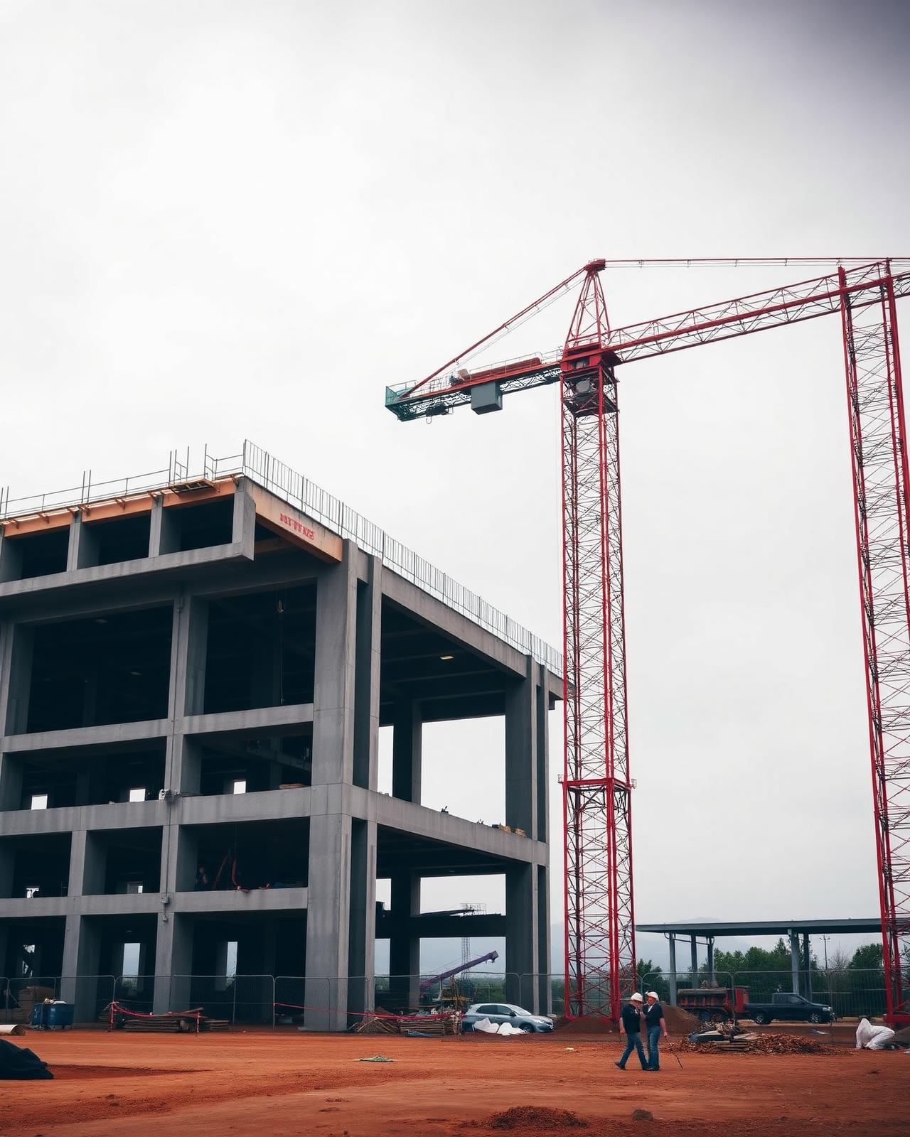 Concrete structural frame of a building under construction beside a tower crane