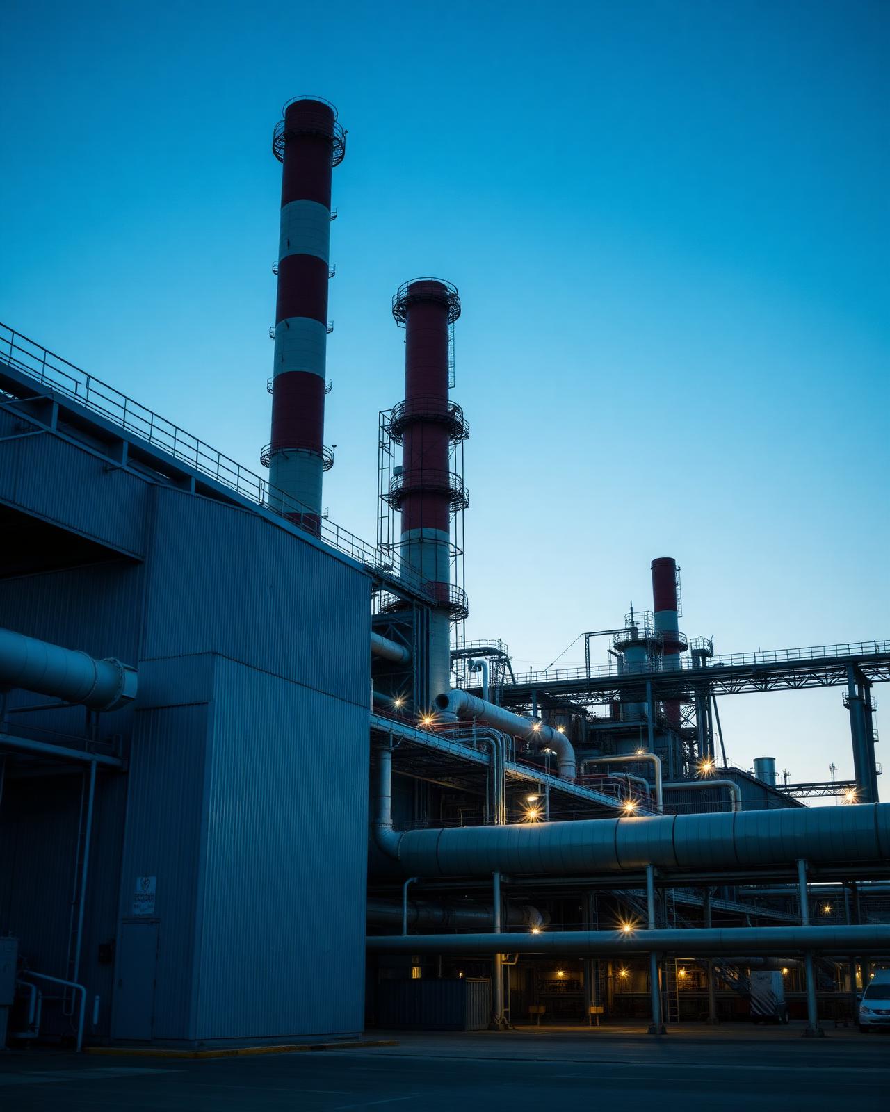 Industrial plant with stacks and pipework at blue hour