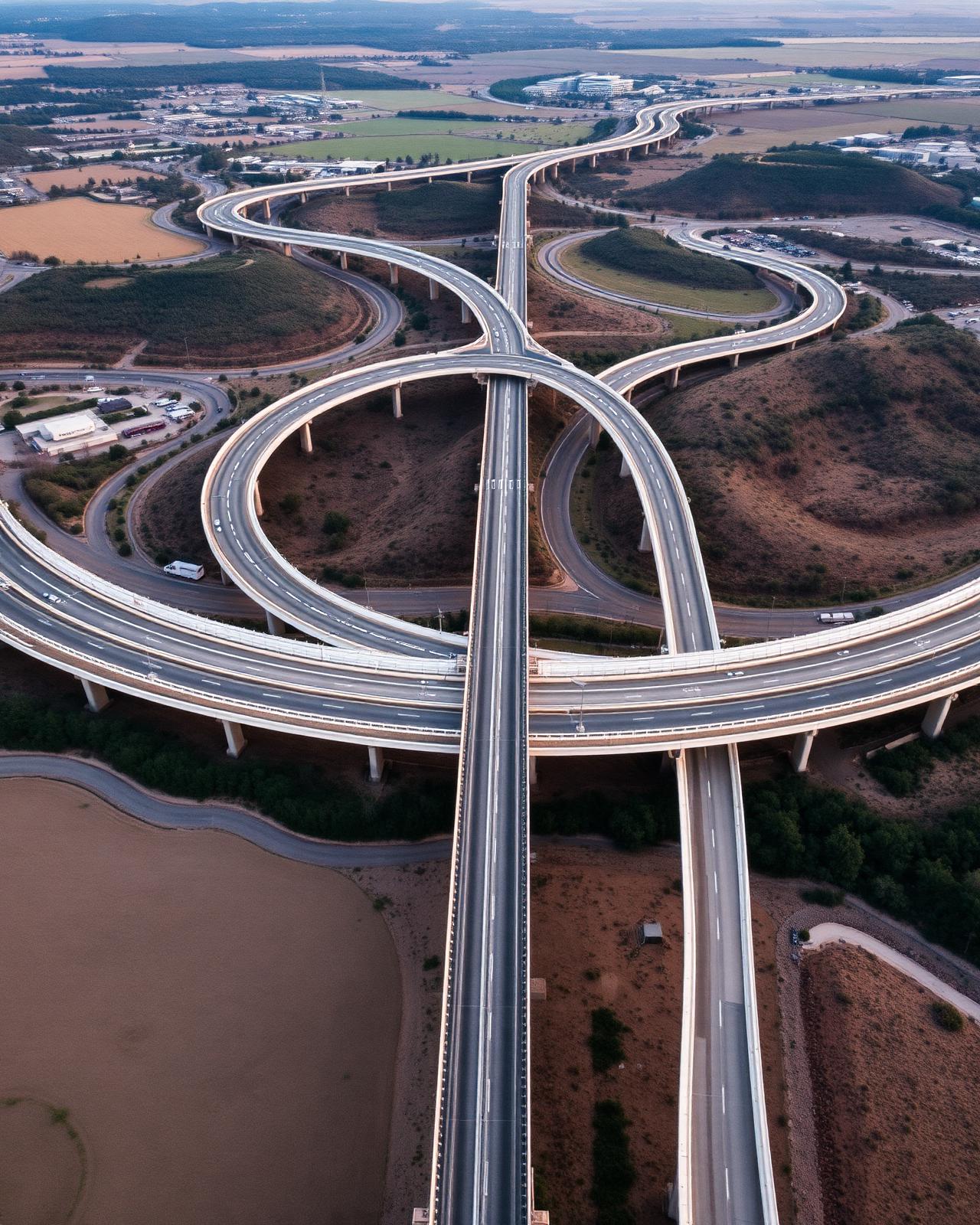 Aerial view of a highway interchange with sweeping viaducts