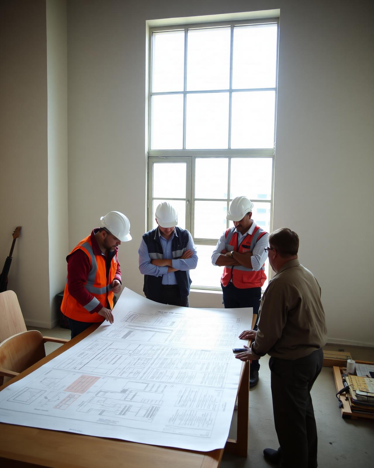 Engineers reviewing large construction drawings on site