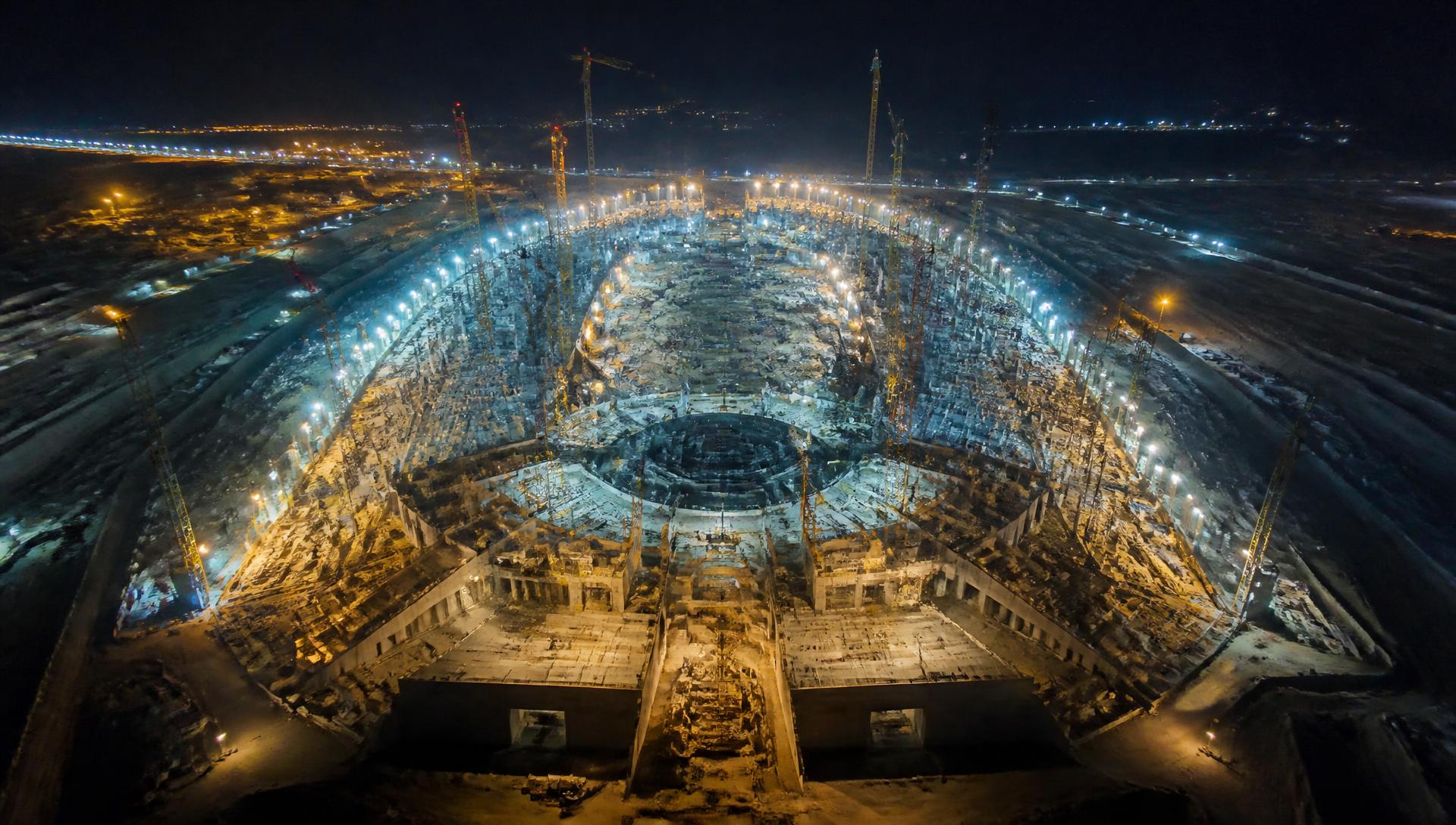 Night aerial view of a floodlit construction site with cranes