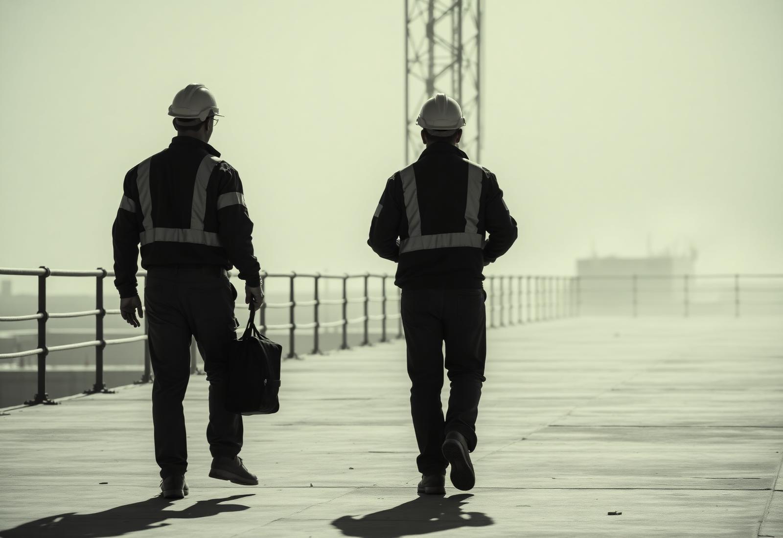 Two site engineers walking across a concrete deck in morning haze