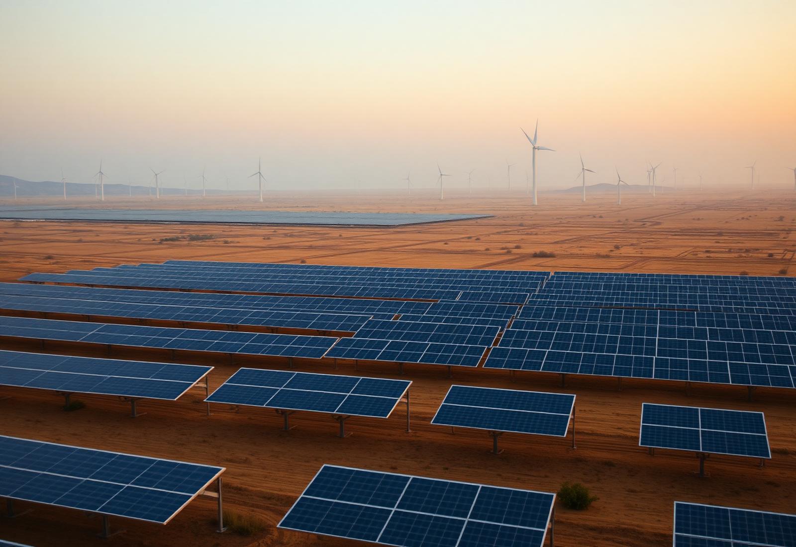 Solar array with wind turbines on the horizon at dusk