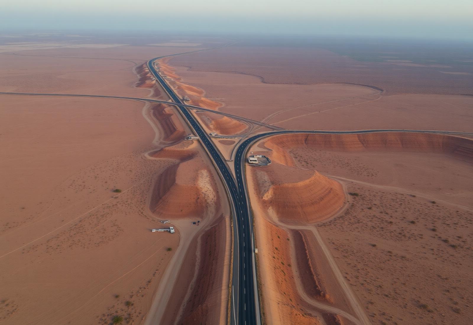 Aerial view of a highway expansion across an arid plain