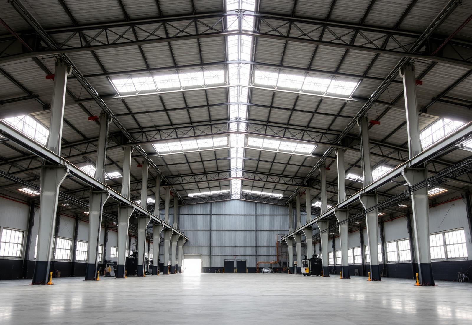 Interior of a large manufacturing hall with long steel roof spans
