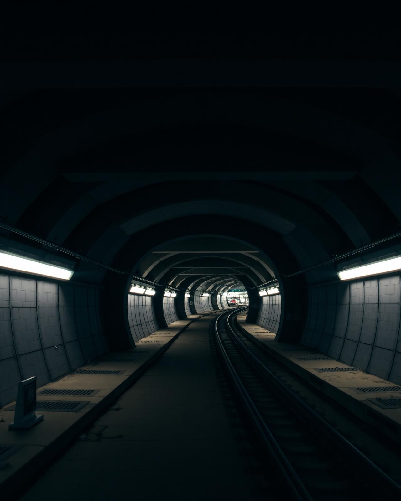 Curved metro tunnel with tracks and platform lighting