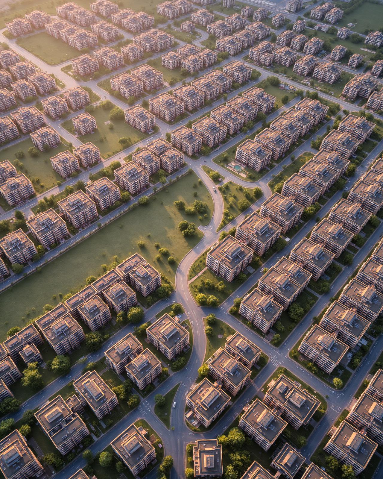 Aerial view of an integrated township masterplan at sunrise