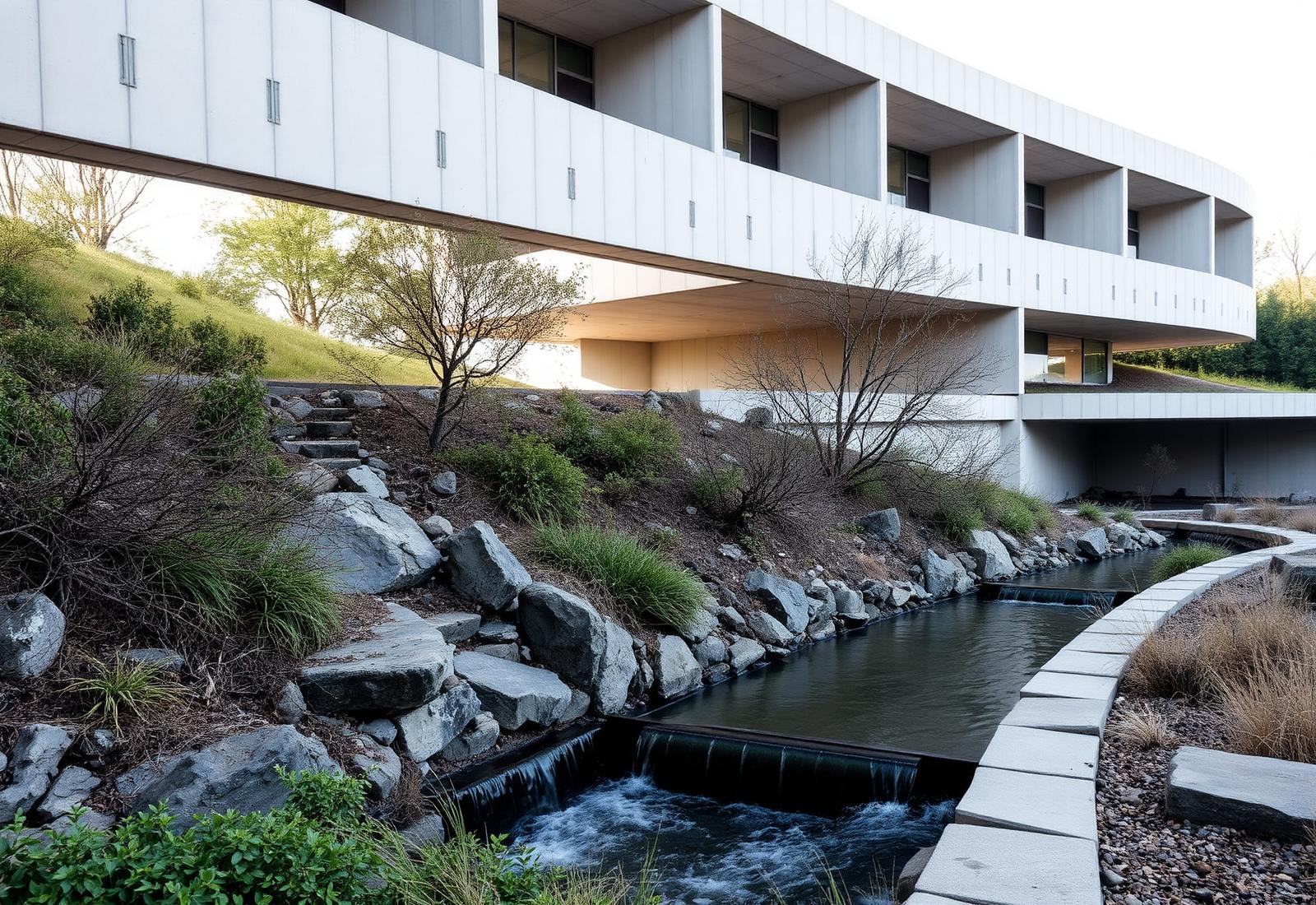 Modern concrete building above a landscaped water channel and native planting